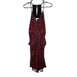 BCBG XS Midi Dress Surplice Draped Burgundy Boho Floral V Neck Halter Pockets